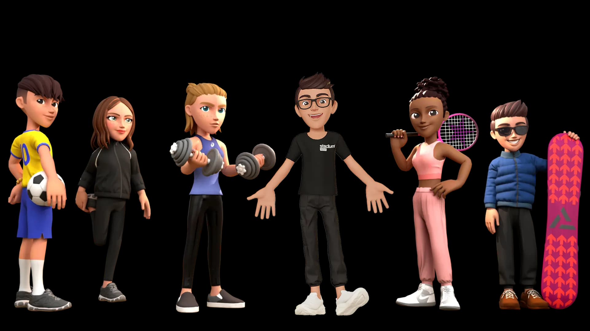 Sex animerade figurer med olika sportutrustningar, såsom fotboll, hantlar, tennisracket och snowboard, står på rad.