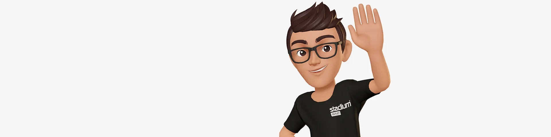 Tecknad figur med brunt hår och glasögon vinkar. Han bär en svart t-shirt med texten "stadium OUTLET".