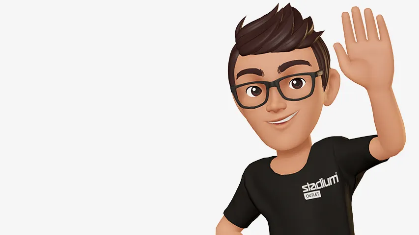 Tecknad figur med brunt hår och glasögon vinkar. Han bär en svart t-shirt med texten "stadium OUTLET".